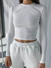 O Neck Long Sleeve Ribbed Cropped Spring Casual Basic Crop Tops